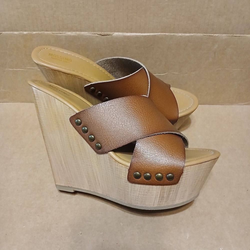 Mossimo Supply Co. Womens Leather Slide Wooden Platform Wedges Cognac Size 8